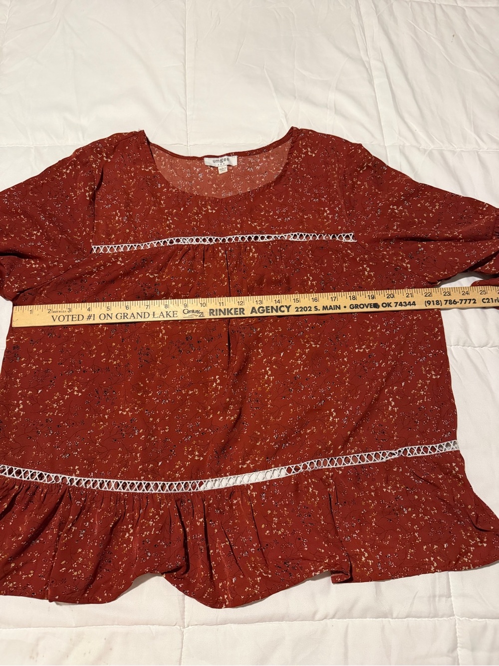 Umgee Rust Red Floral Ruffle Sleeve Tunic - Picture 4 of 6